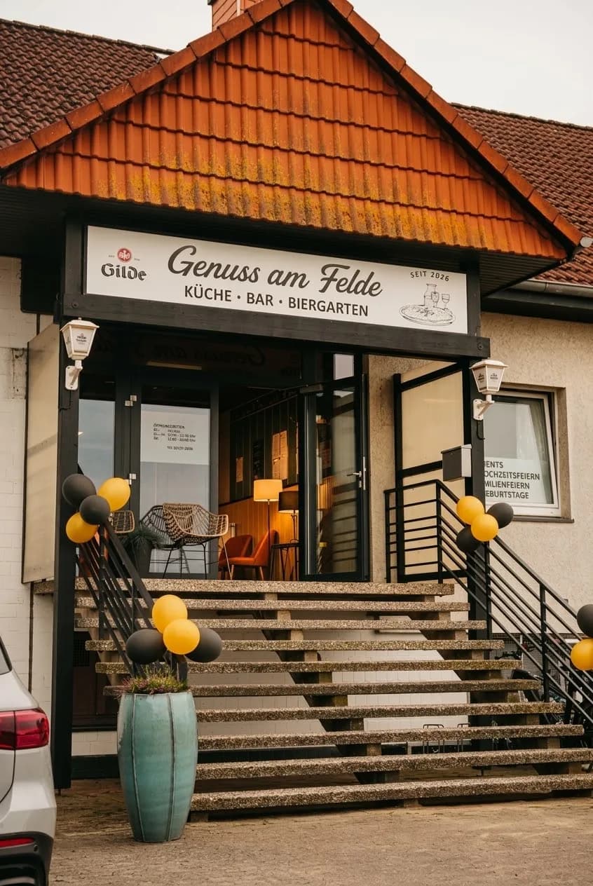 Eingang von Genuss am Felde in Garbsen-Meyenfeld mit Treppe und Schild